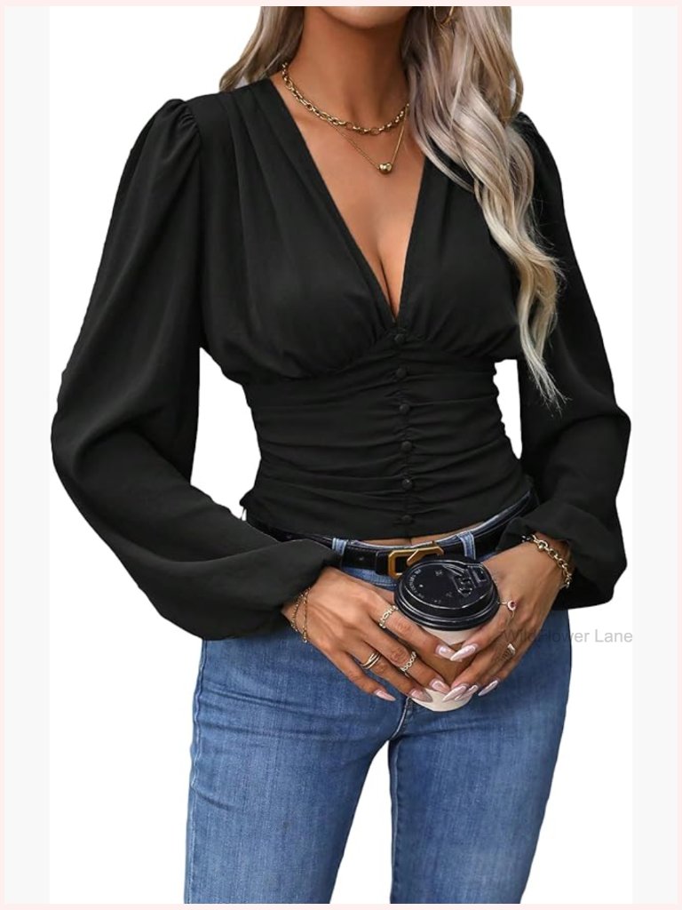 Ruched Deep V Neck Button Front Smock Lantern Sleeve Crop Top